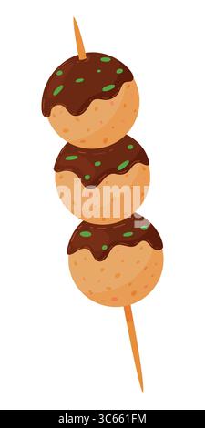 Takoyaki Skewer. Palle di polpo giapponesi con salsa salata e cipolla verde. Illustrazione vettoriale di gustoso snack asiatico Illustrazione Vettoriale