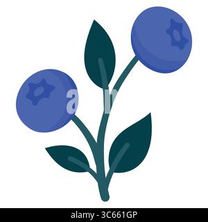 Rametto di mirtilli disegnato a mano con frutti di bosco maturi e foglie. Simpatiche illustrazioni botaniche per imballaggi, arredi per la cucina, adesivi, etichette, loghi Illustrazione Vettoriale