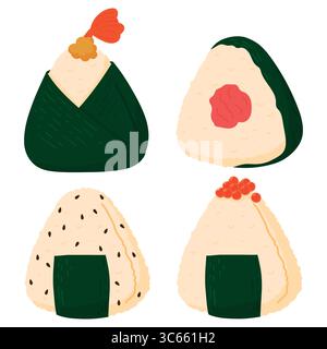 Set di onigiri. Fast food giapponese a base di riso con ripieno, modellato a forma di triangolo in alghe nori Illustrazione Vettoriale