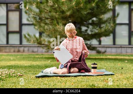 In un vivace parco, una giovane donna alla moda siede su una coperta, organizzando i suoi effetti personali. Foto Stock