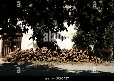 Mucchio di legna da ardere tagliata impilata su un marciapiede all'ombra vicino a una casa ad Apatin, Serbia. Foto Stock