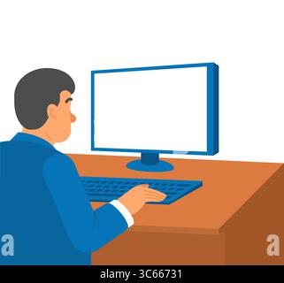 Immagine con vista laterale piatta di un uomo che lavora su un computer. Adatto per temi di sviluppo business, telelavoro, tecnologia o Web. Illustrazione Vettoriale