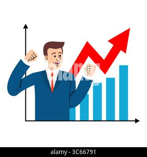 felice uomo d'affari che celebra il successo finanziario. Freccia e grafico a barre in aumento simboleggiano crescita, risultato e profitto. Ottimo per la finanza, l'avvio, o. Illustrazione Vettoriale