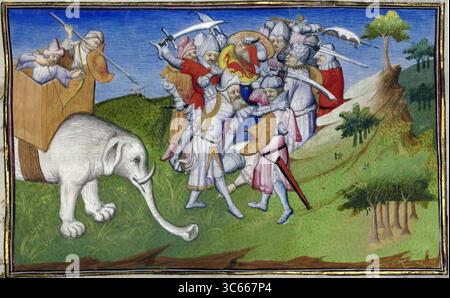 Battaglia di Kublai contro Nayan con soldati su un elefante, illuminazione dal Libro di Marco Polo, 1411, in francese Foto Stock