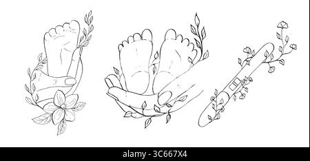 Serie di illustrazioni vettoriali. Genitore che tiene in mano i piedi del neonato. Test di gravidanza positivo avvolto intorno al ramo in fiore. Verniciato a mano in modo lineare Illustrazione Vettoriale