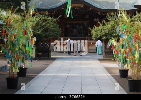 TOKYO, GIAPPONE - 24 luglio 2025: Tanzaku (auguri) appeso al bambù per celebrare il 7 luglio Tanabata (il Festival delle stelle) al Santuario Yushima di Tokyo. Foto Stock