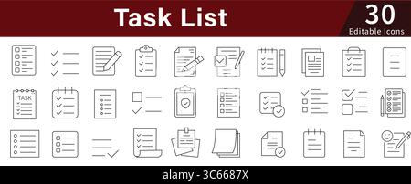 Elenco attività icone di riga modificabili impostate per Organizzazione, pianificazione, produttività e Gestione del lavoro Illustrazione Vettoriale