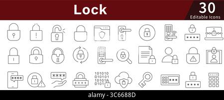 Blocca icone di linea modificabili impostate per sicurezza, privacy, protezione e controllo accesso Illustrazione Vettoriale