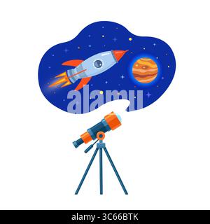 Il tubo del telescopio astronomico, lo spazio e il razzo volano verso il pianeta. Cupola dell'Osservatorio Astronomico. Spazio astronomico. Illustrazione Vettoriale