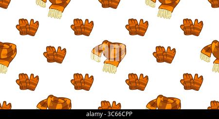 Sciarpa autunnale senza cuciture con motivo a guanti. Guanti e sciarpe a righe di cartoni animati in calde tonalità arancioni. Capi d'abbigliamento autunnali piatti e senza cuciture su sfondo bianco Illustrazione Vettoriale