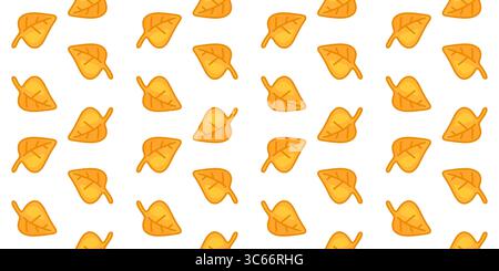 Motivo a foglia d'autunno giallo senza cuciture. Foglie autunnali gialle cartoni animati su sfondo bianco. Motivo piatto e senza cuciture con composizione diffusa e stagione calda Illustrazione Vettoriale