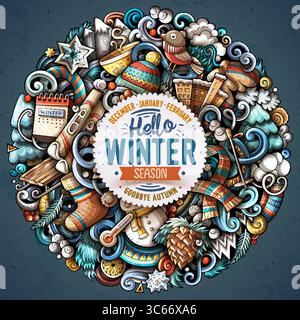 Stravagante vettore invernale con fiocchi di neve, abiti caldi, montagne ed elementi stagionali. Perfetto per vacanze, promozioni stagionali, confezioni, ecc. Illustrazione Vettoriale