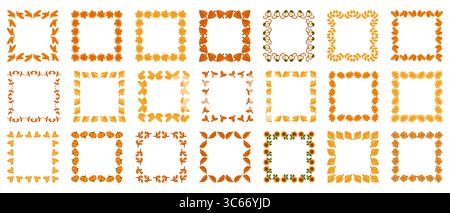 Carina collezione Autumn Leaf Border. I bordi autunnali dei cartoni animati sono fatti di foglie, zucche e biscotti. Cornici colorate piatte su sfondo bianco. Illustrazione Vettoriale