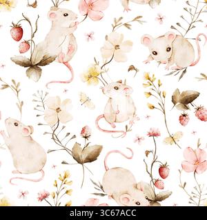 Topo da campo, fiori selvatici, bacche ed erbe. Motivo senza cuciture acquerello. Adorabili illustrazioni di cuccioli in beige pastello e rosa per Foto Stock