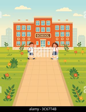 Edificio scolastico esterno con marciapiede, fiori e piante verdi nel cortile. Bambini di fronte all'edificio dell'istruzione pubblica con aule il giorno d'estate Illustrazione Vettoriale