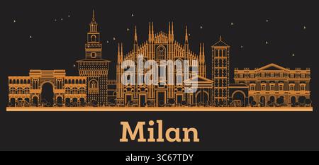 Delinea lo skyline di Milano Italia con gli edifici arancioni. Illustrazione vettoriale. Concetto di viaggio d'affari e turismo con architettura storica. Illustrazione Vettoriale