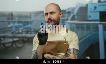Uomo dalla barba calva con tatuaggi e gesti di guanti neri su un ponte della nave da crociera che si affaccia sul mare Foto Stock