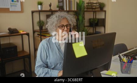 Donna che parla al telefono in un ufficio moderno circondato da libri e piante che si concentrano sulla comunicazione aziendale e sull'arredamento dello spazio di lavoro. Foto Stock