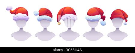 Collezione di cappelli di elfo natalizio sulle teste dei manichini - accessori in costume rosso con campane e finiture in pelliccia per le feste natalizie. Copricapo Babbo Natale - cappellini con decorazioni natalizie Illustrazione Vettoriale