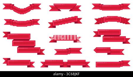 Nastri pixel. Risorse di gioco rosse a 8 bit, striscioni vintage vuoti, elementi di design retrò, bandiere, cornici ed etichette, nastri vuoti piegati e arricciati Illustrazione Vettoriale
