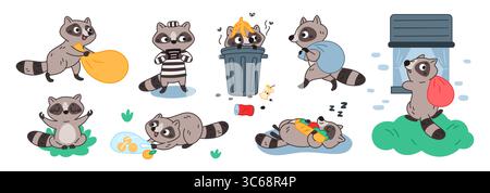 Simpatici personaggi di procione. Animali da cartoni animati, piccoli ladri di spazzatura, mammiferi selvatici a strisce, azioni diverse in varie pose, mascotte felice, criminale Illustrazione Vettoriale