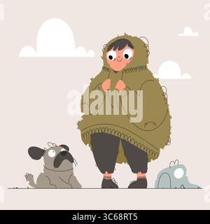 Un'affascinante illustrazione di un bambino in un grande cappotto in piedi con un cucciolo e una foca addormentata in un ambiente beige chiaro con nuvole bianche. Illustrazione Vettoriale