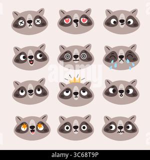 Simpatico racoon kawaii. Piccoli animali divertenti, fauna della foresta, personaggi dei ladri notturni, emozioni diverse per il viso, adesivi delle mascotte grigie della fauna selvatica sgargianti Illustrazione Vettoriale