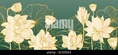 Sfondo di loto disegnato a mano. Lussuose piante orientali, elementi botanici creativi decorativi, splendidi fiori e foglie dorate, striscioni di alta qualità, asiatici Illustrazione Vettoriale