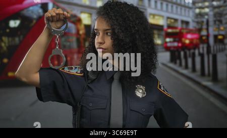 Una donna che tiene le manette si trova in una strada urbana in uniforme con un distintivo visibile che mostra la presenza delle autorità e delle forze dell'ordine Foto Stock