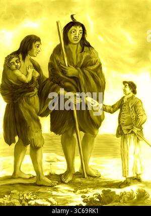 Illustrazione concettuale digitale dipinta a mano e riproduzione della famosa vecchia incisione intitolata "Patagones", del 1769. Foto Stock