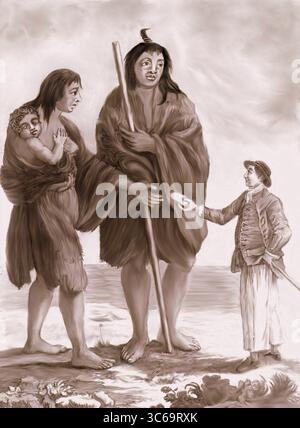 Illustrazione concettuale digitale dipinta a mano e riproduzione della famosa vecchia incisione intitolata "Patagones", del 1769. Foto Stock