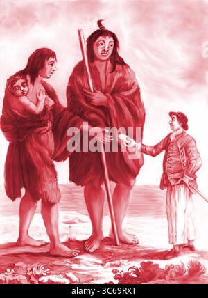 Illustrazione concettuale digitale dipinta a mano e riproduzione della famosa vecchia incisione intitolata "Patagones", del 1769. Foto Stock