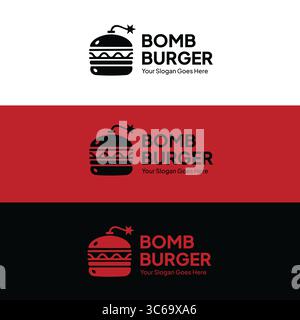 Modello con logo Creative Bomb Burger con un'illustrazione esplosiva di hamburger. Ideale per il branding di fast food, i loghi dei ristoranti e i design di camion alimentari. Illustrazione Vettoriale