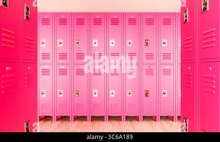 Gli armadietti rosa si trovano in un corridoio della scuola in 3D. Foto Stock