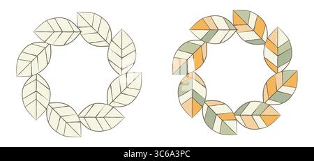 Set di cornici disegnate a mano con foglie autunnali, stile fumetto scarabocchi, tratto linea pennello, colore verde giallo bianco, elemento circolare, bordo per Illustrazione Vettoriale