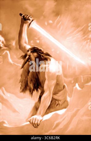 Riproduzione digitale dei concetti dipinti a mano dell'opera "The Giant with the Flaming Sword" dell'artista John Charles Dollman (1909). Foto Stock