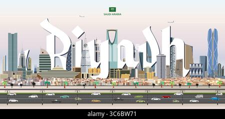 Immagine vettoriale colorata di Riyadh City scape con il nome di una grande città sullo sfondo. Poster di tendenza per i viaggi Illustrazione Vettoriale