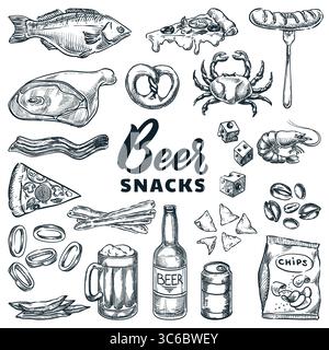 Assortimento di birre artigianali e spuntini. Illustrazione grafica vettoriale di tazze, bottiglie, pretzel, salsicce, fish and chips. Elementi di design per l'estrazione Illustrazione Vettoriale