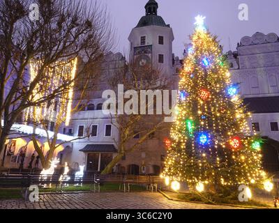 Castello del Duca di Pomerania con albero di Natale e luci natalizie, Szczecin, Polonia Foto Stock