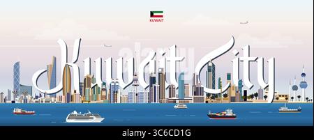 Kuwait City Cityscape illustrazione vettoriale colorata con il nome della grande città sullo sfondo. Poster di tendenza per i viaggi Illustrazione Vettoriale