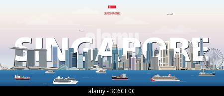Illustrazione vettoriale colorata del paesaggio urbano di Singapore con il nome della grande città sullo sfondo. Poster di tendenza per i viaggi Illustrazione Vettoriale