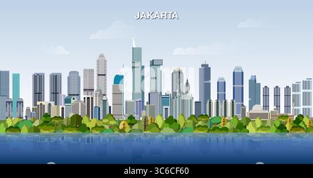 Skyline della città di Giacarta sullo sfondo del bellissimo cielo diurno. Illustrazione vettoriale Illustrazione Vettoriale