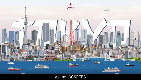 Tokyo City scape illustrazione vettoriale colorata con il nome della grande città sullo sfondo. Poster di tendenza per i viaggi Illustrazione Vettoriale