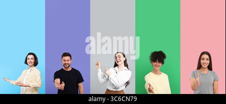 Persone amichevoli che accolgono, collezione di ritratti su sfondi di colori diversi Foto Stock