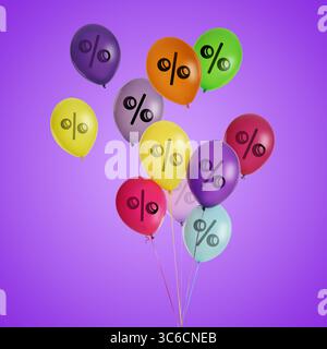 Palloncini colorati con segni di percentuale su sfondo viola. Offerta speciale Foto Stock