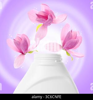Poster pubblicitario per addolcitore per tessuti. Bottiglia di balsamo e fiori volanti su sfondo a gradiente viola Foto Stock