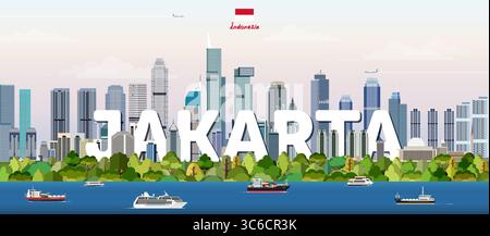 Paesaggio urbano di Giacarta illustrazione vettoriale colorata con il nome della grande città sullo sfondo. Poster di tendenza per i viaggi Illustrazione Vettoriale
