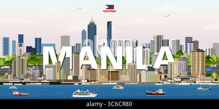 Illustrazione vettoriale colorata del paesaggio urbano di Manila con il nome della grande città sullo sfondo. Poster di tendenza per i viaggi Illustrazione Vettoriale