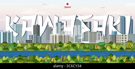 Paesaggio urbano di Kawasaki illustrazione vettoriale colorata con il nome della grande città sullo sfondo. Poster di tendenza per i viaggi Illustrazione Vettoriale