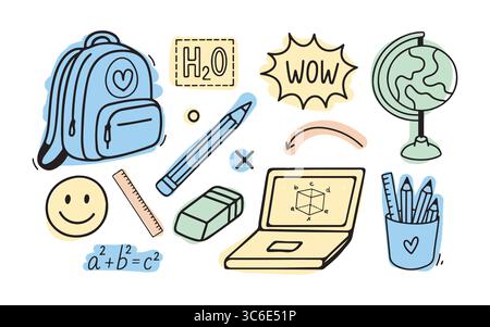 Set di forniture scolastiche. Torna a scuola. Illustrazione in bianco e nero con sfondi a colori. Illustrazione vettoriale in stile doodle. Zaino, globo, laptop, matite. Illustrazione Vettoriale
